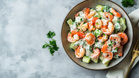 Delightful shrimp and salmon salad with creamy mayonnaise dressing, served in a minimalist modern setting.の素材