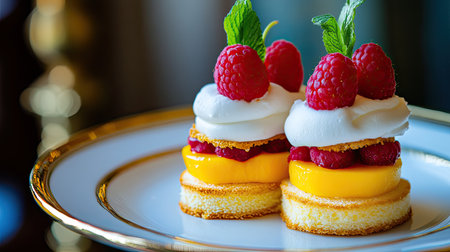 Delicious mango and raspberry fruit sandwich with fresh cream, plated on a gold-rimmed dish, luxury food photographyの素材