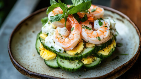 Delicious seafood salad with layers of shrimp, salmon, avocado, cucumber, and eggs, topped with fresh herbs on a ceramic plate.の素材