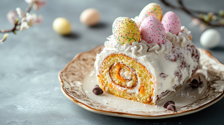 Easter carrot roll cake with creamy swirls, topped with pastel chocolate eggs and sugar sprinkles, served on a vintage plate, concrete backdropの素材