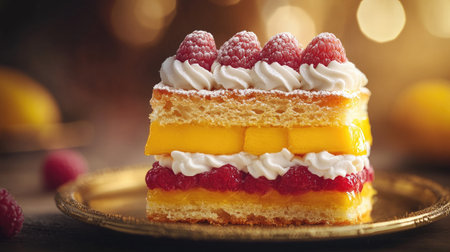 Delicious mango and raspberry fruit sandwich with fresh cream, plated on a gold-rimmed dish, luxury food photographyの素材