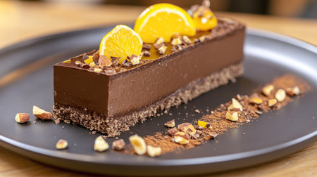 Elegant gluten-free chocolate cake with a citrus twist, garnished with nuts and cacao, served on a dark plate.の素材