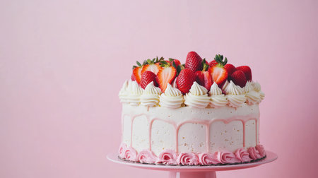 Exquisite homemade strawberry cake with airy vanilla sponge and silky cream cheese, topped with fresh strawberries, modern pastel backdropの素材