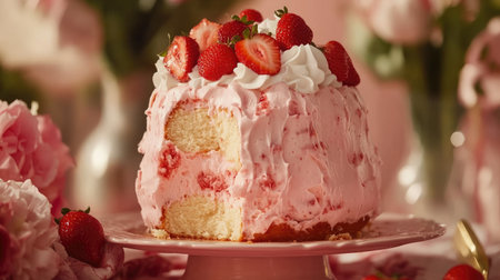 Fluffy strawberry chiffon cake with whipped topping, served on a festive table with fresh flowers.の素材