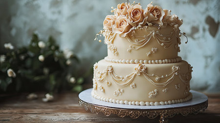Elegant two-tier birthday cake with hand-piped details, pearls, and edible flowers, designed for a special mother.の素材
