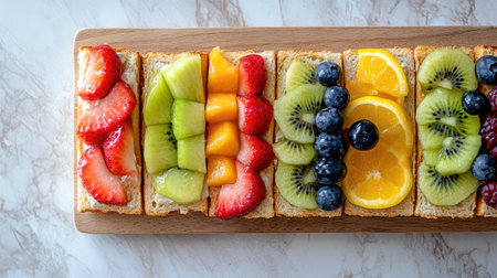 Flat lay of multiple fruit sandwiches with different fruits, neatly sliced and arranged on a wooden board, bright and cheerful vibeの素材