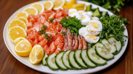 Festive seafood salad with prawns, salted salmon, avocado, cucumber, and eggs, served on a white plate with fresh greens and lemon slices.の素材