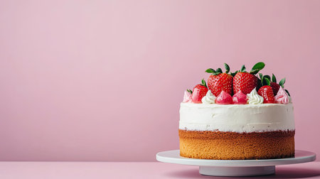 Exquisite homemade strawberry cake with airy vanilla sponge and silky cream cheese, topped with fresh strawberries, modern pastel backdropの素材