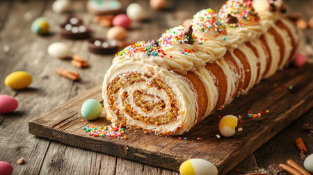 Elegant holiday dessert featuring a classic carrot roll cake with swirled frosting, decorated with festive sprinkles and chocolate eggs, rustic backgroundの素材