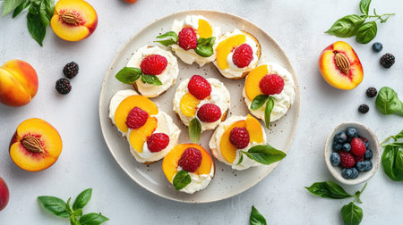 Elegant fruit sandwich with fresh cream and juicy peach slices, neatly arranged on a modern plate, soft natural lightingの素材