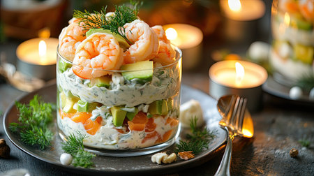 Gourmet layered salad with shrimp, salmon, avocado, and mayonnaise, served on a festive holiday table with candles.の素材