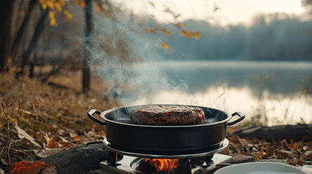 Hamburg steak sizzling over a portable gas stove at a campsite, steam rising as the sauce thickens, cozy outdoor atmosphereの素材