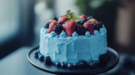 Elegant cosmos-style blue cake with fresh strawberries, blueberries, and blackberries, decorated with herbs on a dark background.の素材