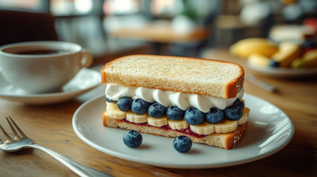 Elegant fruit sandwich with blueberries, banana, and whipped cream, cut diagonally to reveal fresh layers, cozy caf settingの素材