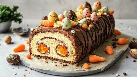 Gourmet Easter roll cake with deep golden-brown sponge, creamy cheese filling, and festive chocolate egg and jelly carrot decorations, soft-focus backgroundの素材
