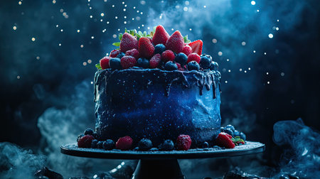 Handcrafted birthday cake with a deep blue nebula design, topped with luscious strawberries and blueberries.の素材