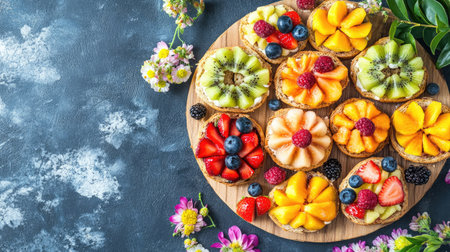 Flat lay of multiple fruit sandwiches with different fruits, neatly sliced and arranged on a wooden board, bright and cheerful vibeの素材