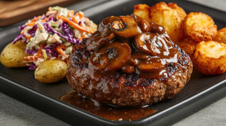 Hamburg steak topped with thick mushroom sauce, served on a camping tray with a side of coleslaw and crispy potatoesの素材