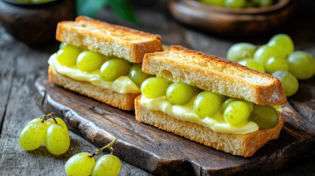 Fresh fruit sandwich with custard cream and sliced grapes, set on a rustic breakfast table, warm and inviting aestheticの素材