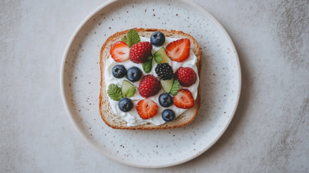Gourmet fruit sandwich with whipped cream, fresh berries, and delicate bread, elegantly arranged on a minimalistic white plateの素材