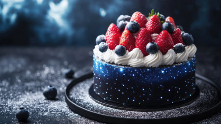 Handcrafted birthday cake with a deep blue nebula design, topped with luscious strawberries and blueberries.の素材