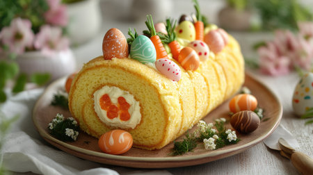 Gourmet Easter roll cake with deep golden-brown sponge, creamy cheese filling, and festive chocolate egg and jelly carrot decorations, soft-focus backgroundの素材