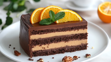 Gluten-free chocolate cake with layers of orange slices, mint leaves, and crunchy nuts, artfully plated.の素材