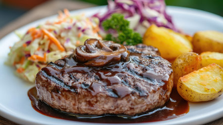 Hamburg steak topped with thick mushroom sauce, served on a camping tray with a side of coleslaw and crispy potatoesの素材