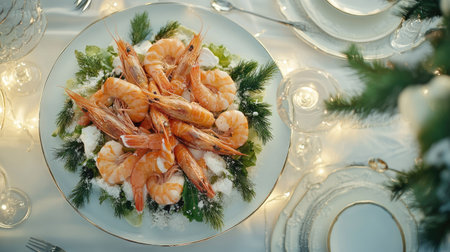 Glamorous seafood salad arrangement with prawns and salmon, placed on an elegant holiday dining table.の素材