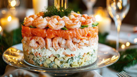 Gourmet layered salad with shrimp, salmon, avocado, and mayonnaise, served on a festive holiday table with candles.の素材