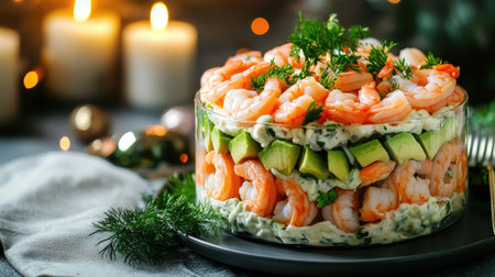 Gourmet layered salad with shrimp, salmon, avocado, and mayonnaise, served on a festive holiday table with candles.の素材