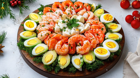 Holiday appetizer salad with salmon, shrimp, avocado, and eggs, arranged in a festive circular pattern on a wooden board.の素材