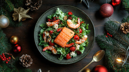 Holiday seafood feast with a festive prawn and salmon salad, accompanied by elegant holiday decorations.の素材