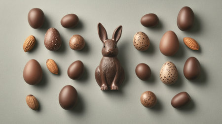Minimalist Easter greeting card concept with chocolate eggs, rabbit figures, and nuts arranged on a neutral gray surface.の素材