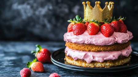 Luxury cafe dessert featuring a strawberry vanilla cake, artistically decorated with a golden crown.の素材