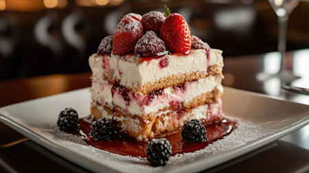 Homemade strawberry cake with layers of cream, topped with fresh berries, served on a white plate.の素材