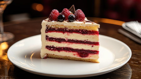 Homemade strawberry cake with layers of cream, topped with fresh berries, served on a white plate.の素材