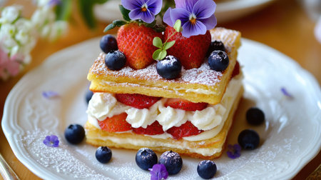 High-end fruit sandwich with strawberries, blueberries, and whipped cream, plated with edible flowers, elegant dessert settingの素材