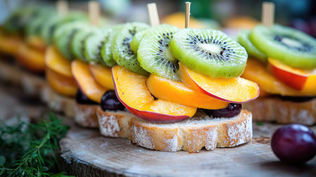 Luxurious fruit sandwich with neatly arranged peach, grape, and kiwi slices in soft bread, styled for a gourmet dessert shootの素材