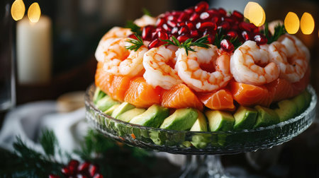 Layered seafood salad with avocado, salmon, and prawns, decorated with pomegranate seeds for a festive touch.の素材