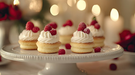 Mini strawberry cakes with whipped cream and berry toppings, displayed elegantly on a dessert table.の素材