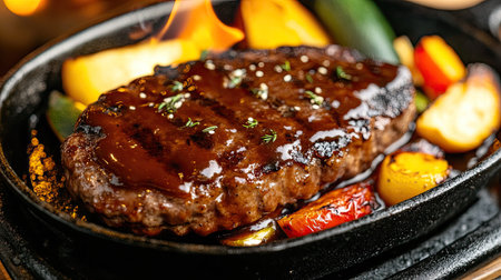 Juicy Hamburg steak sizzling on a cast-iron skillet over a campfire, served with grilled vegetables at a rustic campsiteの素材
