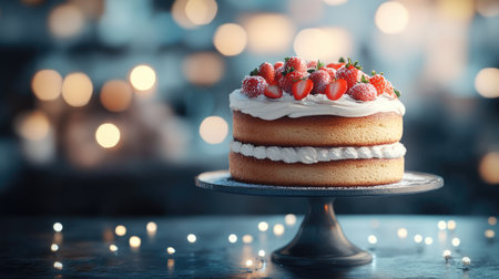 Luxurious strawberry cake with delicate vanilla sponge, silky cream cheese frosting, and bright red strawberries, soft-focus dreamy backgroundの素材