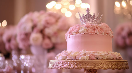 Luxury princess party cake with soft pastel floral arrangements and a silver tiara, placed on a golden stand.の素材