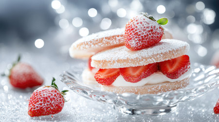 Japanese-style fruit sandwich with perfectly sliced strawberries and fresh cream, placed on a modern glass dish, soft-focus backgroundの素材