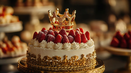 Luxurious birthday party dessert table with a strawberry vanilla cake, beautifully decorated with a crown.の素材