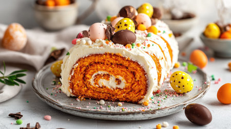Luxurious carrot roll cake with velvety cream cheese frosting, topped with glossy chocolate eggs and vibrant sugar sprinkles, served on a chic platterの素材