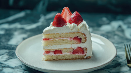Luxurious dessert photography featuring a strawberry cake with soft vanilla sponge, velvety cream cheese, and ripe strawberries, stylish settingの素材