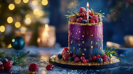 Midnight sky-inspired cake with edible gold dust, fresh berries, and fragrant rosemary, ideal for a birthday celebration.の素材
