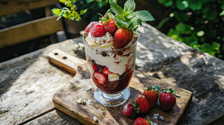 A rustic presentation of strawberry chocolate sponge dessert in a trifle glass, served on a wooden cutting board with a sprig of mintの素材